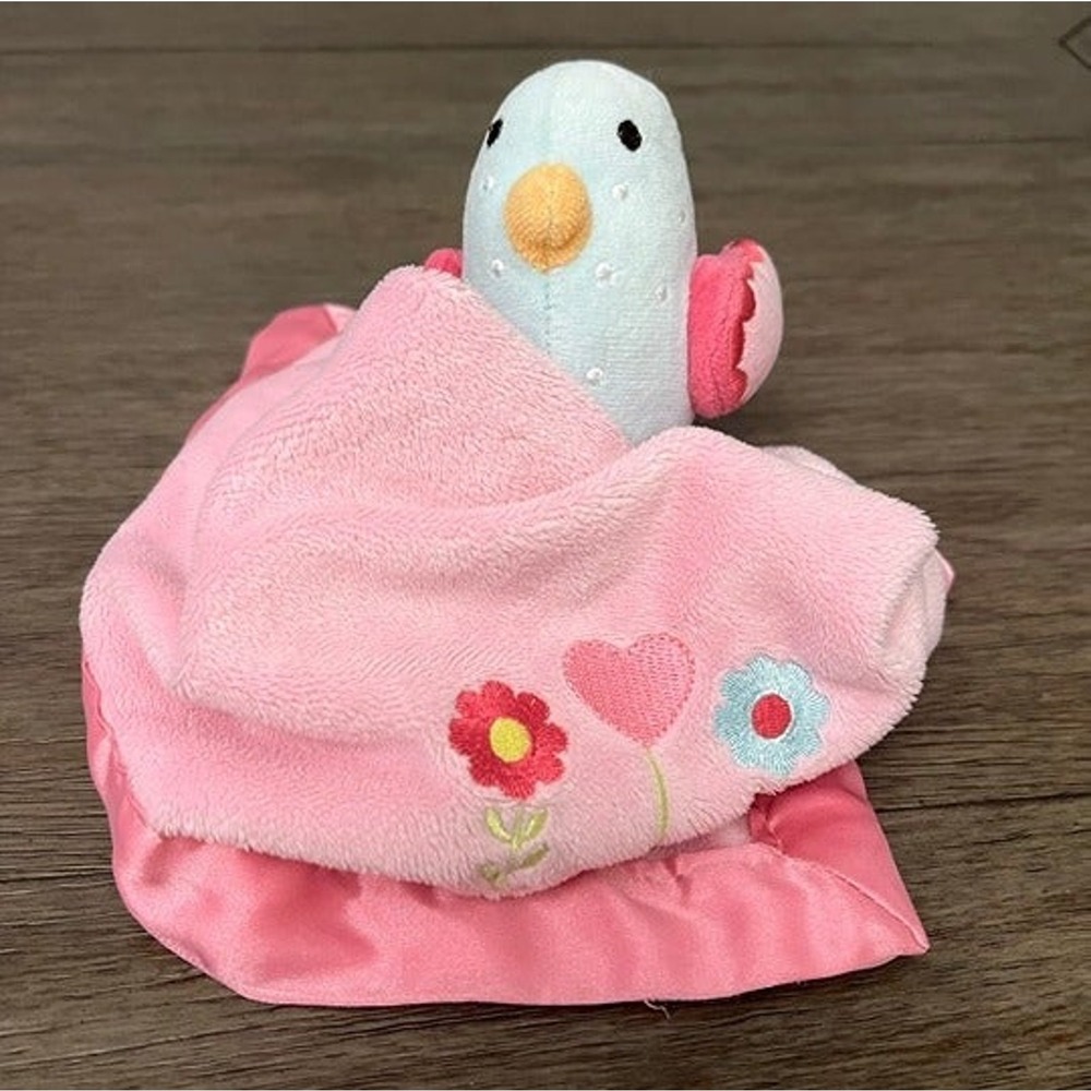 Circo Blue Bird Pink Security Blanket Lovey Satin Trim Embroidered Flowers Heart